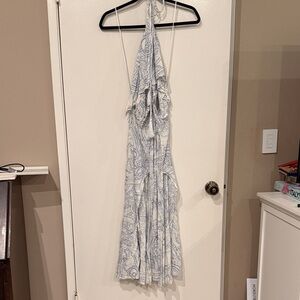 Elegant White and Blue Halter Dress